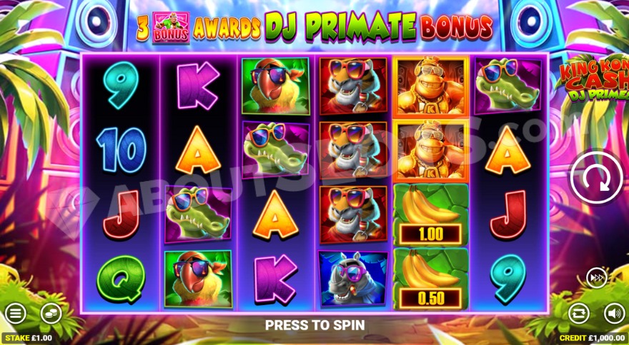 Base game with two gold Kong symbols on the fifth reel.