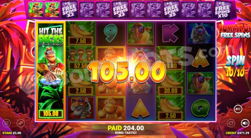 Pump it up Free Spins mode activated with two Kong collect symbols gathered.