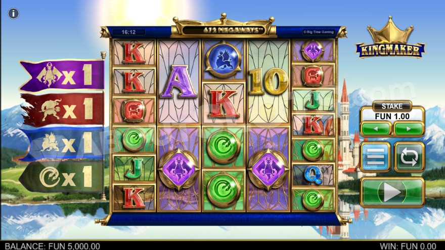 Gameplay in KingMaker slot with a castle background.