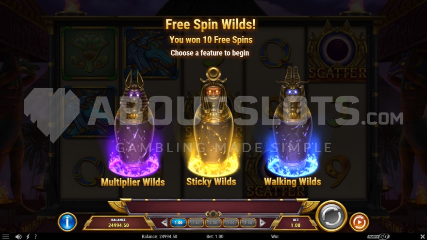 Three Wild symbol options for Free Spins in King's Mask Eclipse of Gods