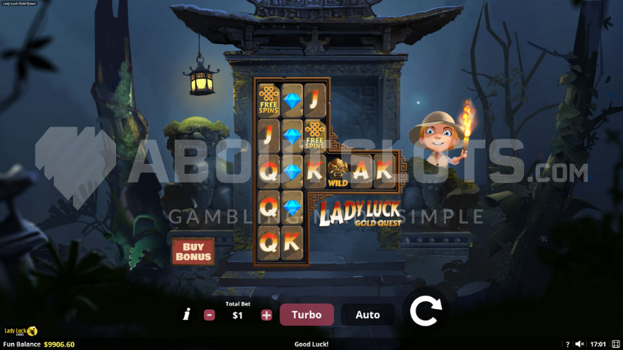 Base game in a jungle setting with Lady Luck beside the reels