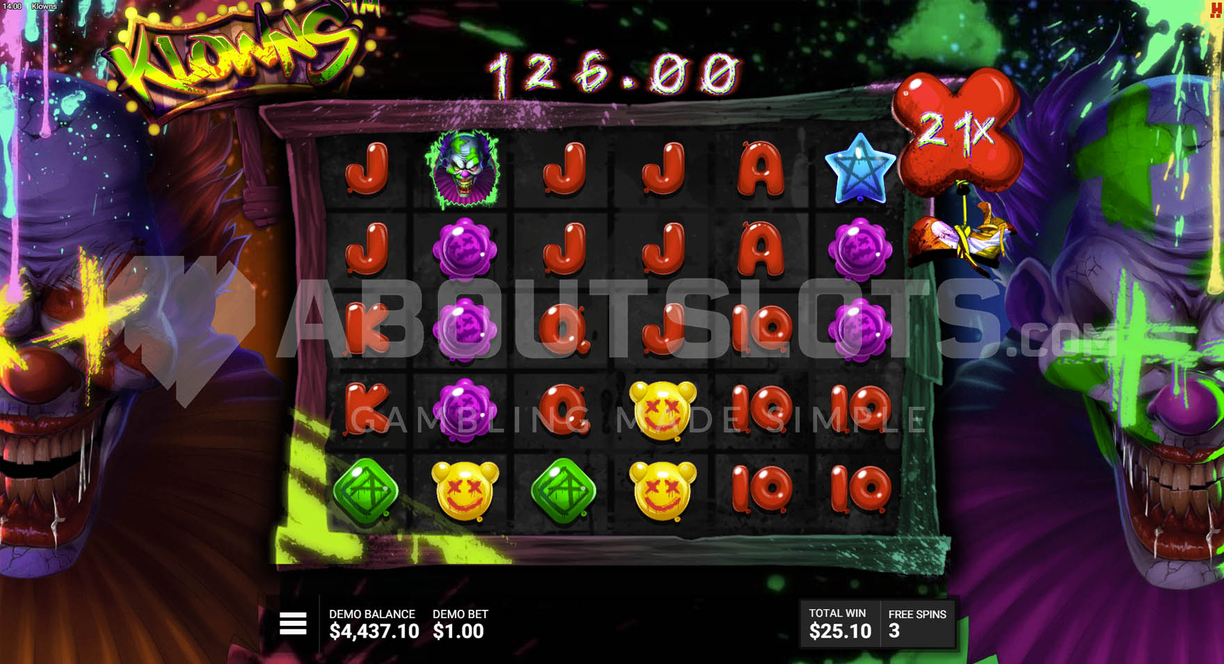 Bonus round in progress with x21 multiplier and a large win of 126.00.