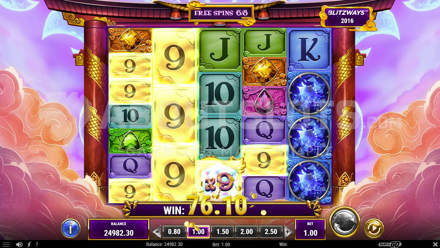 Free Spins bonus in progress, showing a win with a 4-symbol combination and a x9 multiplier from a Wild symbol.
