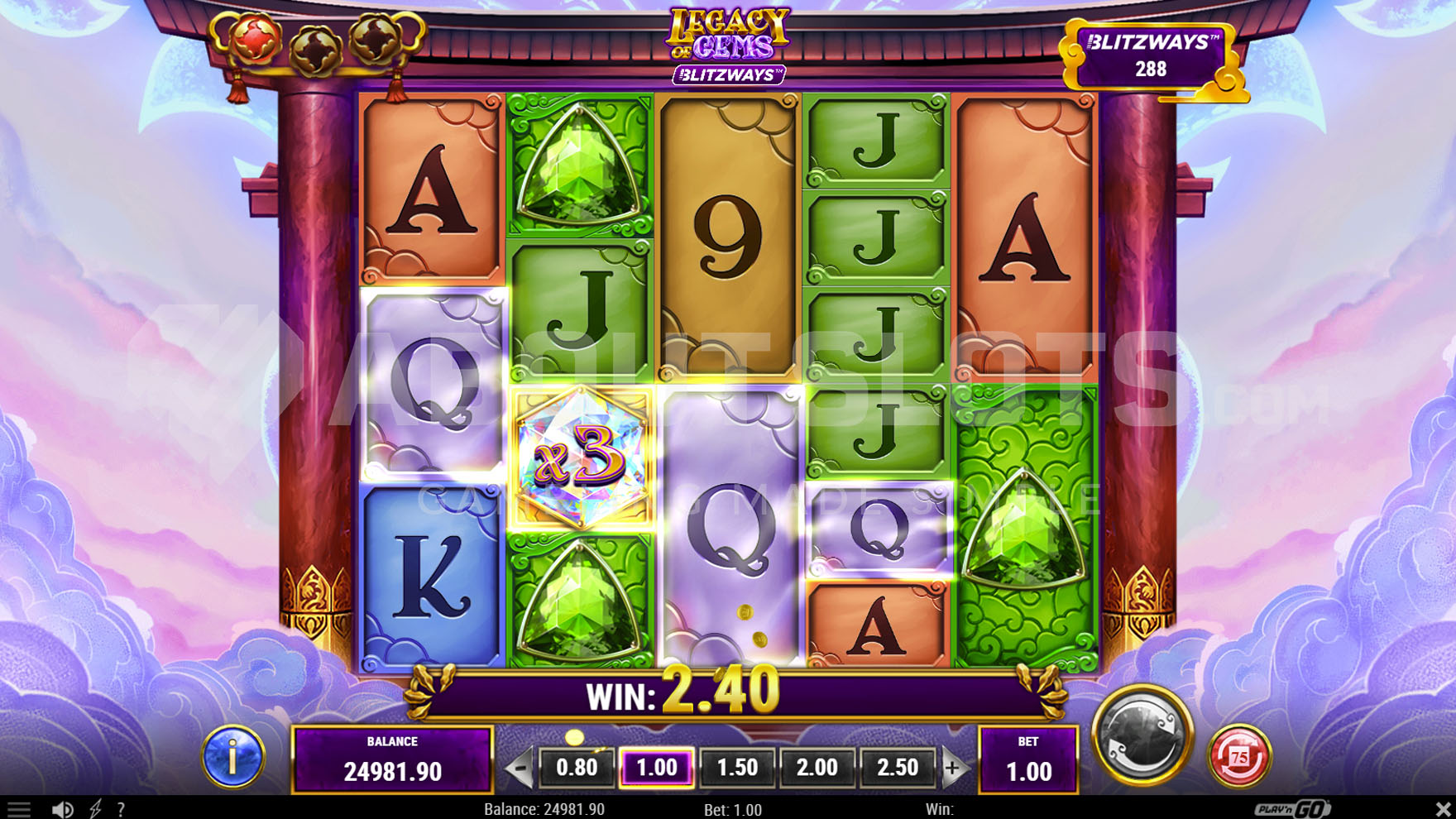 Base game win with a Wild x3 multiplier in Legacy of Gems Blitzways.