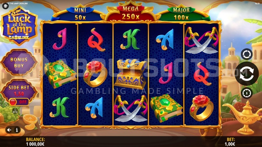 Base game view with golden lamp on the right side of the reels.