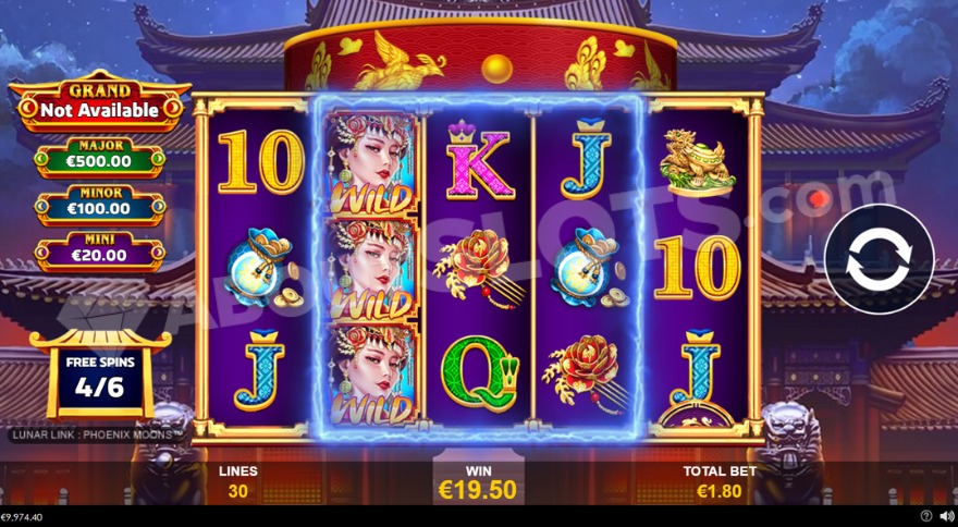 Free Spins feature showing four jackpots on the left.