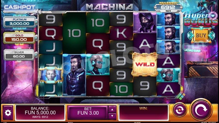 Gameplay in Machina slot with jackpot prizes displayed on the left of the reels.