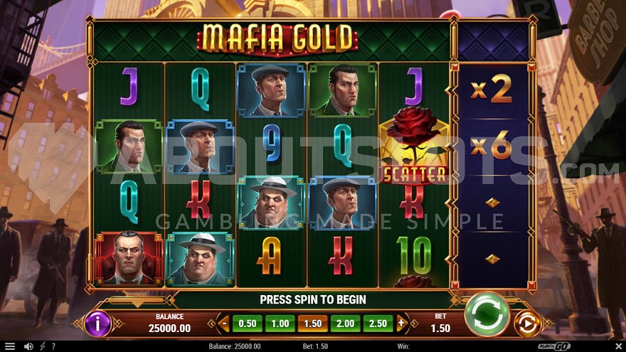 Mafia Gold slot base game with five standard reels and a special sixth reel.