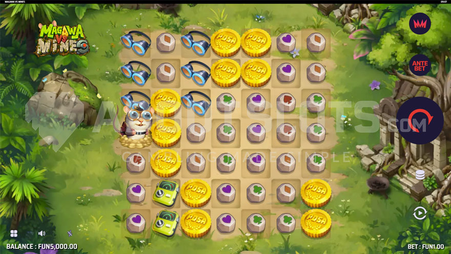 Magawa vs Mines base game with Magawa on the first reel.