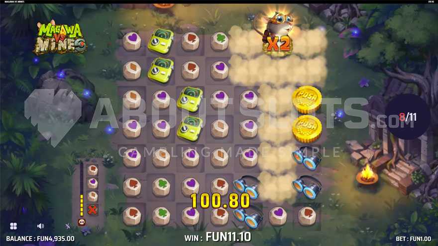 Magawa vs Mines Free Spins feature with Magawa on reel six and a 2X multiplier.