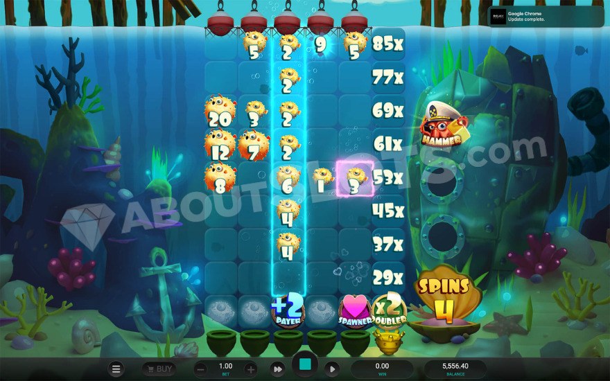Bonus game in progress showing various symbols on the reels.