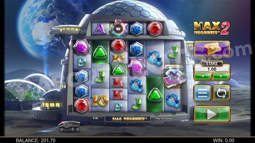 Max Megaways 2 slot game interface on a moon background.