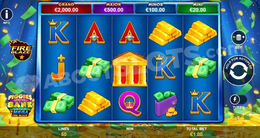 Base game view showing jackpots above the reels in Mega Fire Blaze: Piggies and the Bank slot.