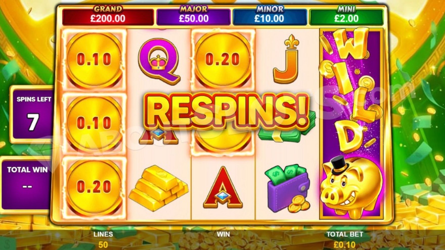 Gold Wild Respins feature with a fully stacked wild symbol on reel five in Mega Fire Blaze: Piggies and the Bank.
