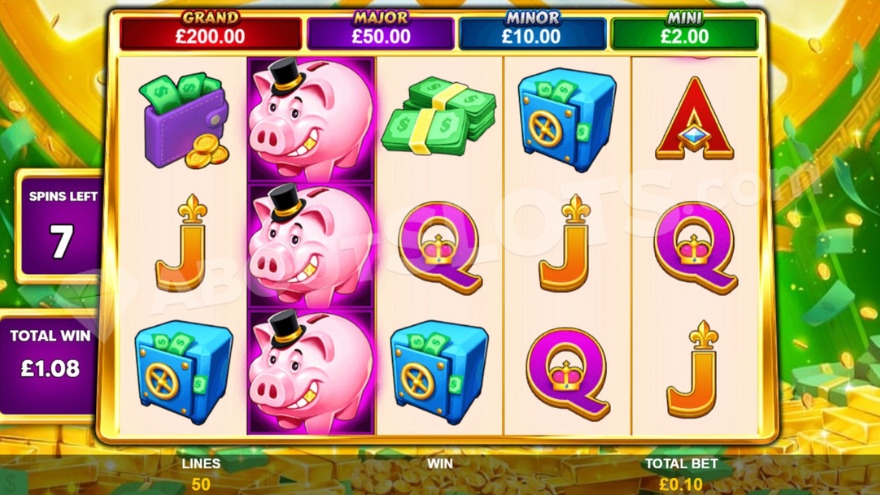 Free Games feature with a stack of pig symbols on reel two in Mega Fire Blaze: Piggies and the Bank slot.