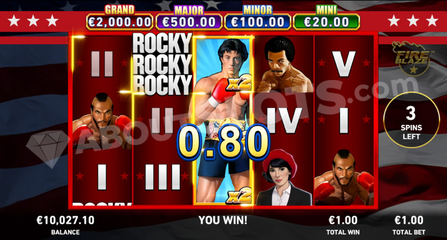 Free Spins feature with a fully expanded Rocky symbol on the middle reel.