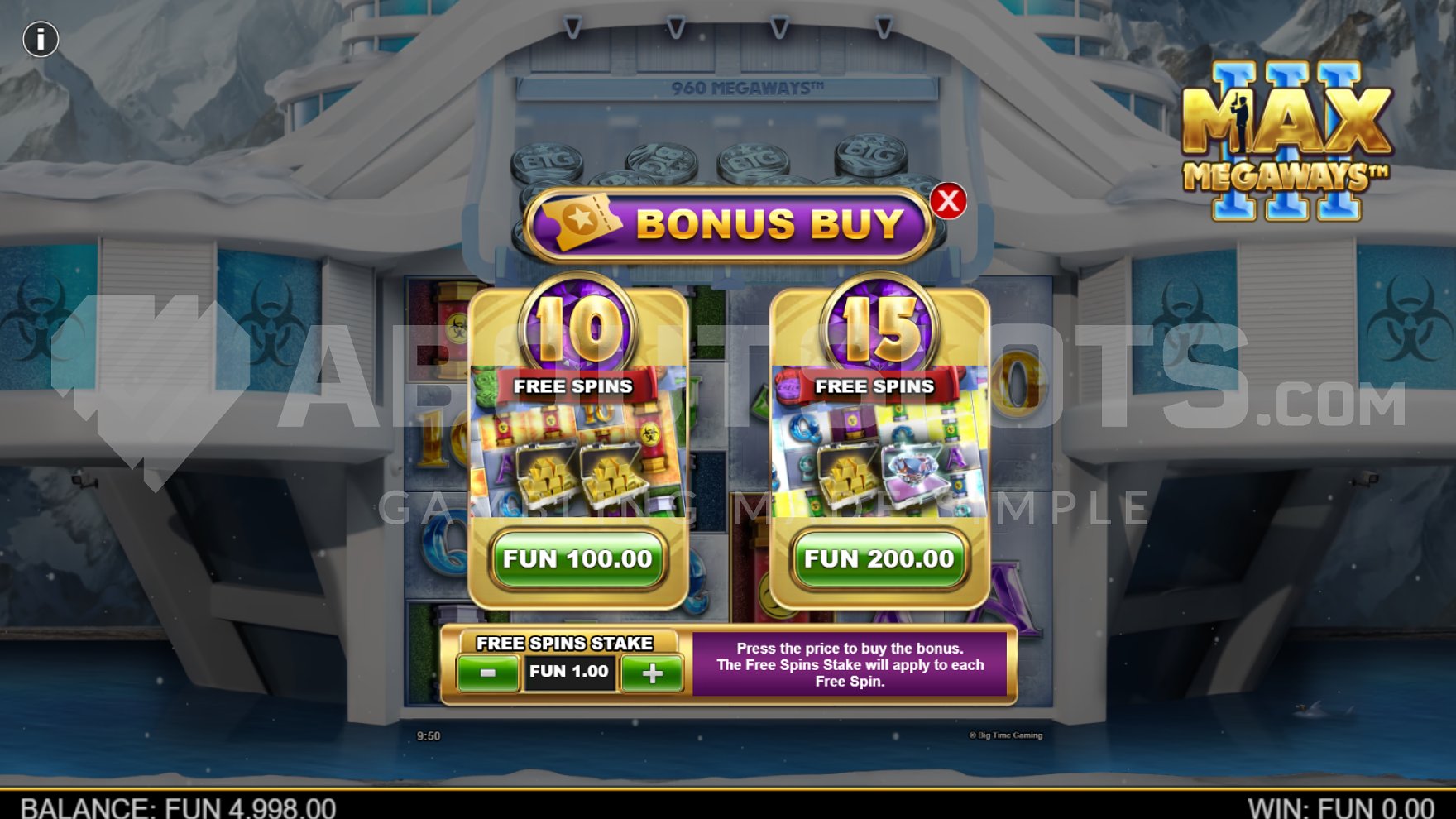 Menu offering free spins for sale.