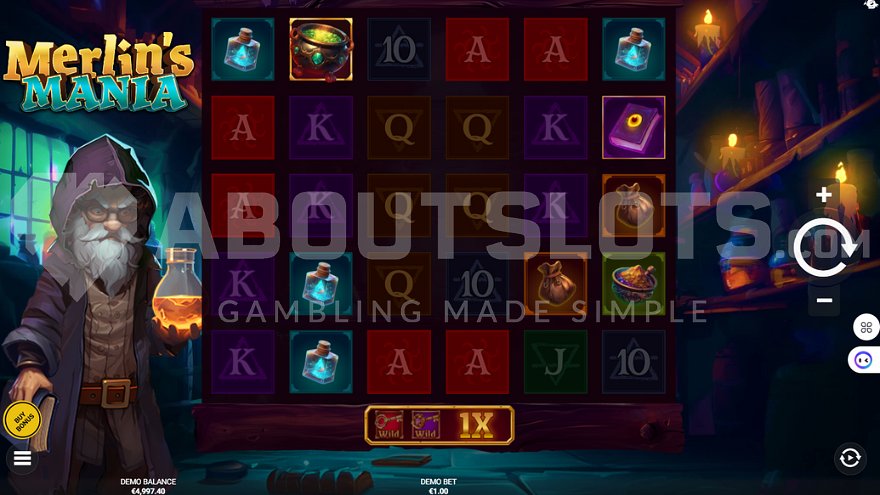 Wizard standing next to the reels in the base game of Merlin's Mania slot.