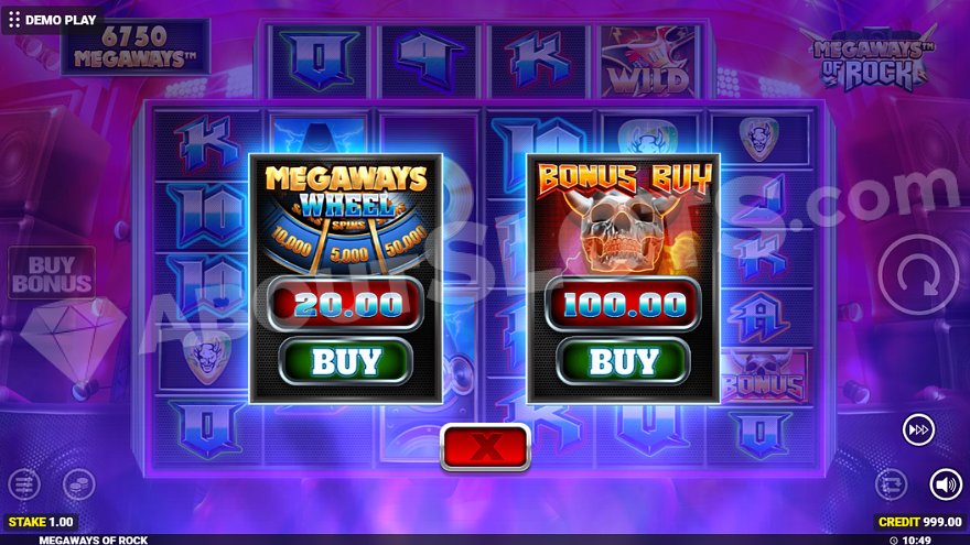 Menu offering Megaways Wheel for 20x stake and Free Spins for 100x stake.