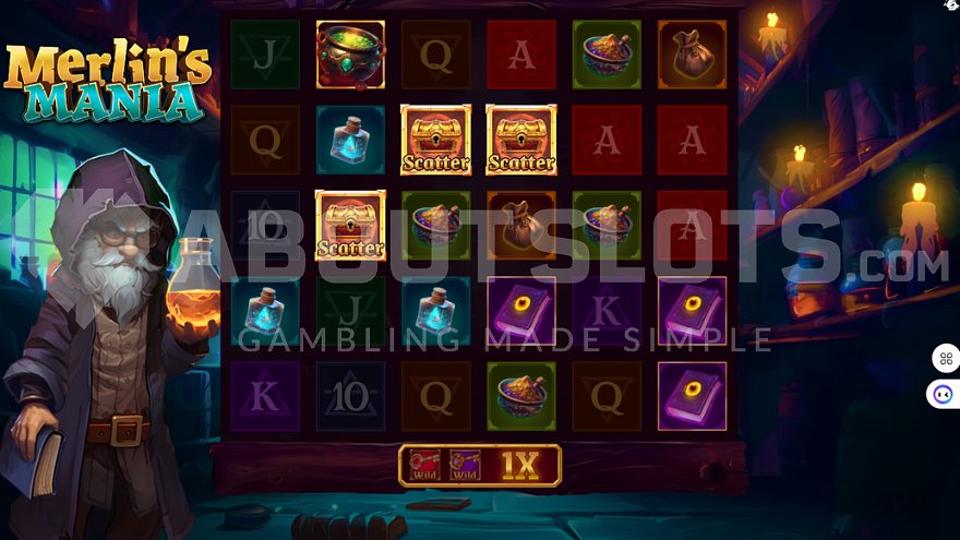 Scatter symbols on reels 2, 3, and 4 trigger free spins in Merlin's Mania slot.