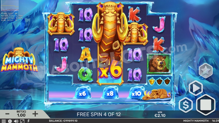 Progressive Free Spins feature with a fully stacked Mammoth symbol on the middle reel.