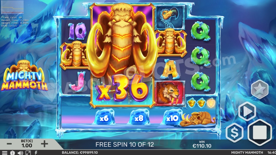 Combined Mammoth multipliers displaying 36X on the second and third reels.