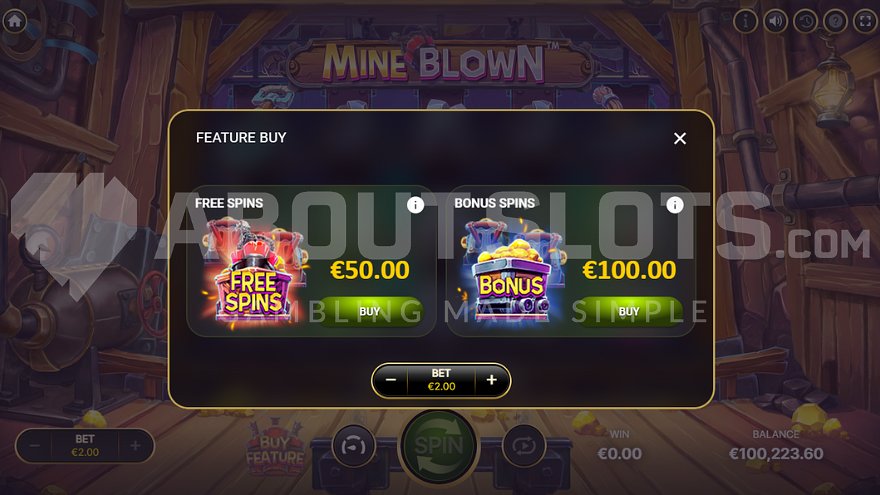 Screen offering to buy Free Spins for 25X bet and Bonus Spins for 50X bet.