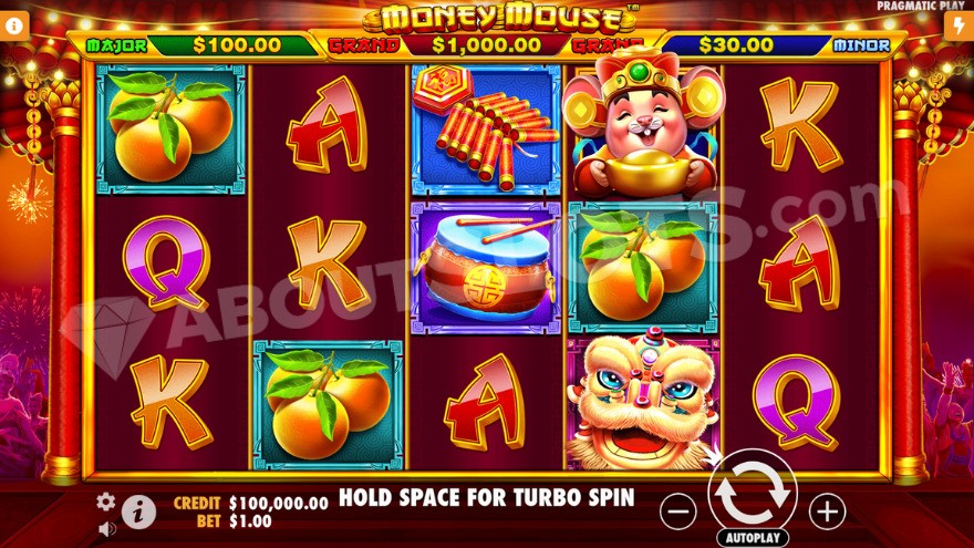 Base game showing the Money Mouse on the fourth reel.