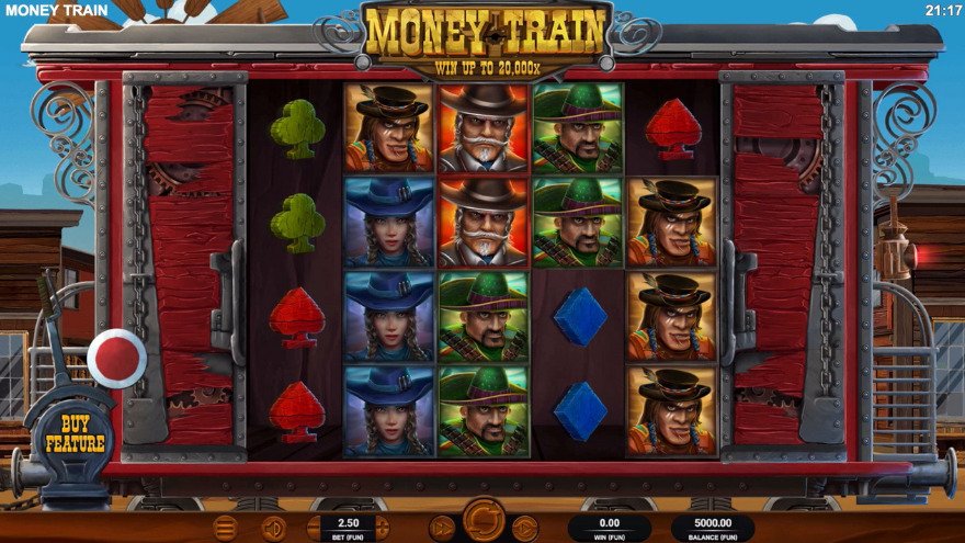 Money Train Slot with 5 reels set in a train carriage.