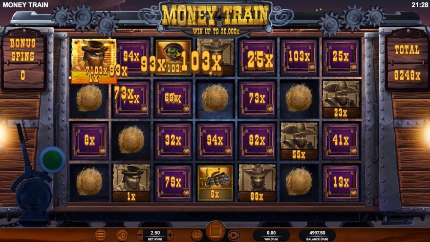 Large win in Money Cart Bonus Round on Money Train slot.