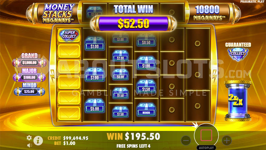Money Spins bonus with several Money symbols on the grid and a Super Collect on the first reel.