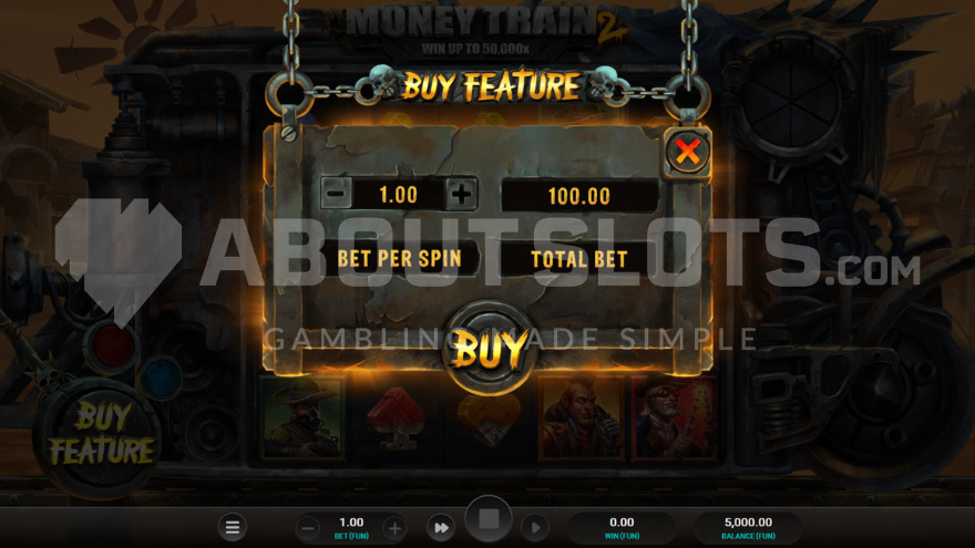 Feature Buy option allowing direct entry into the bonus game for a cost of 100X the stake.