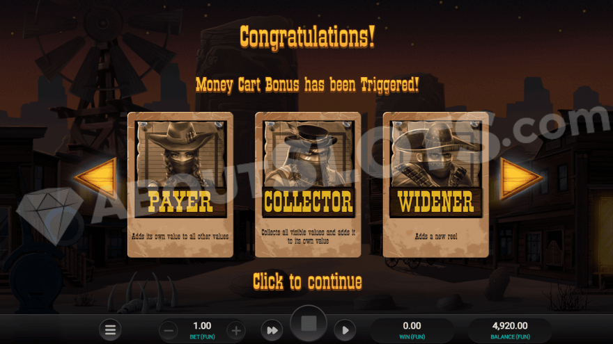 Money Cart Bonus game intro screen featuring Payer, Collector, and Widener symbols.