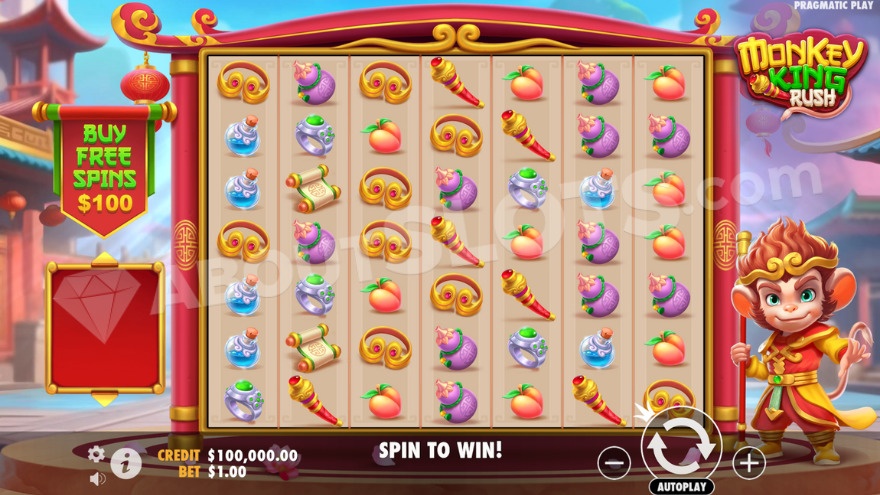 Base game with the monkey on the right side of the reels.