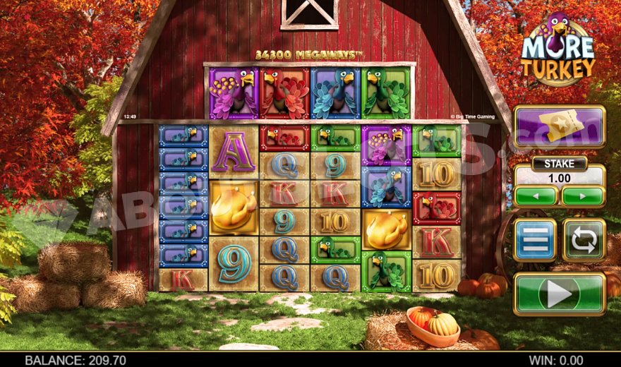 Slot machine with 6 reels set against a barn wall.