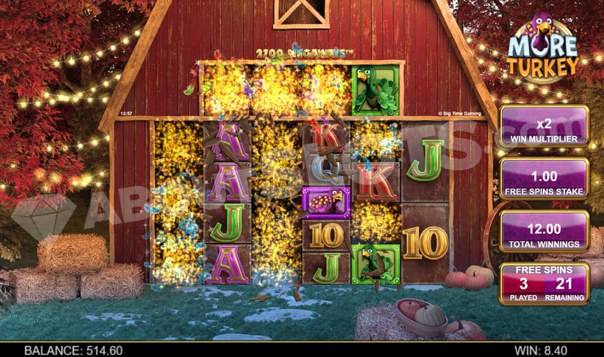 Cascading win with 13 symbols during free spins mode.