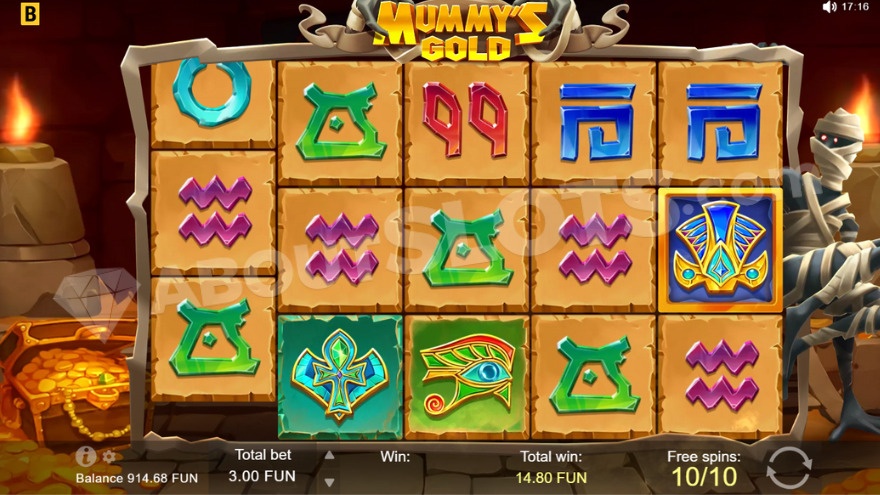 Free Spins feature with a mummy visible on the right.