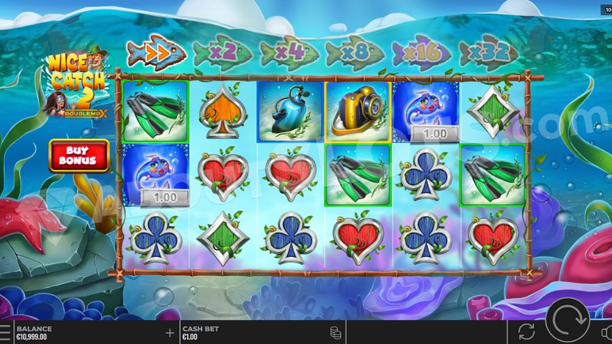 Six reels of an underwater themed slot machine.