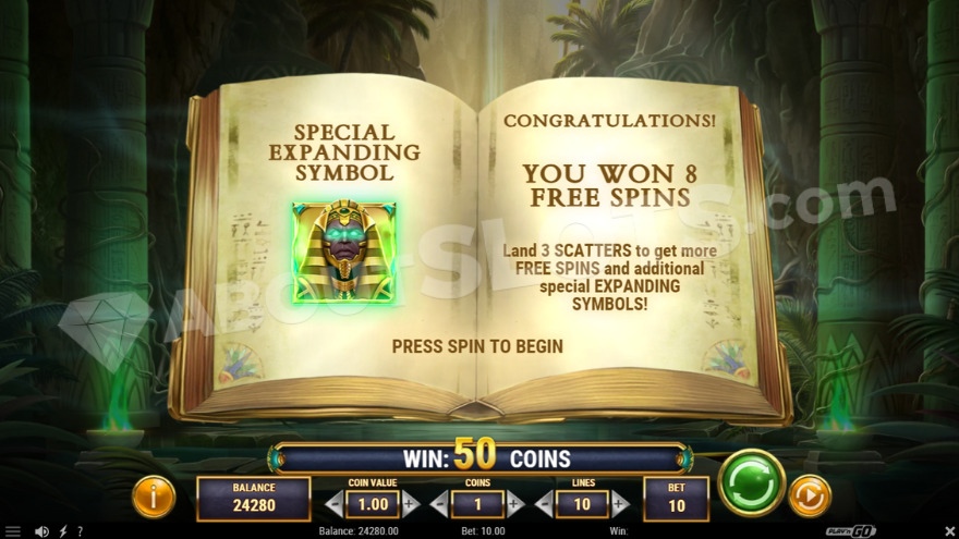 Bonus game intro screen, featuring the pharaoh as the special expanding symbol.