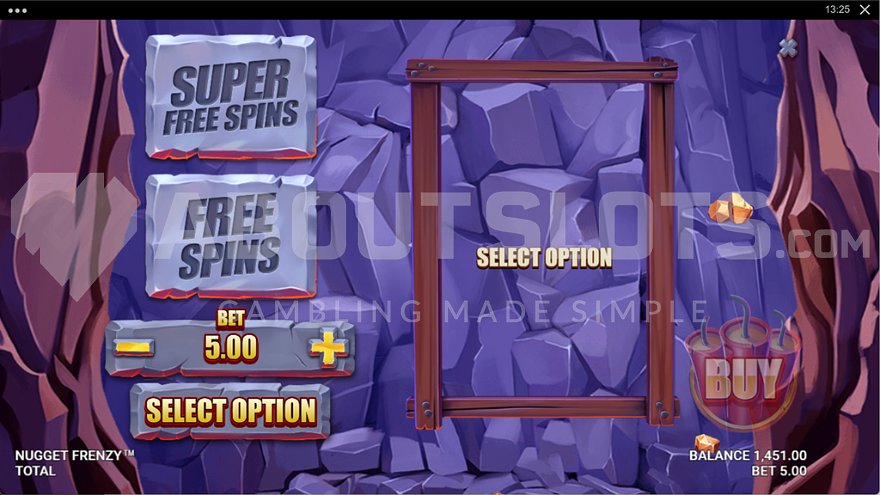 The Feature Buy menu in Nugget Frenzy, offering Free Spins and Super Free Spins purchase options.