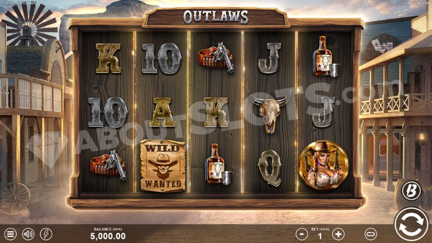 Gameplay in Outlaws slot with a Western town background.