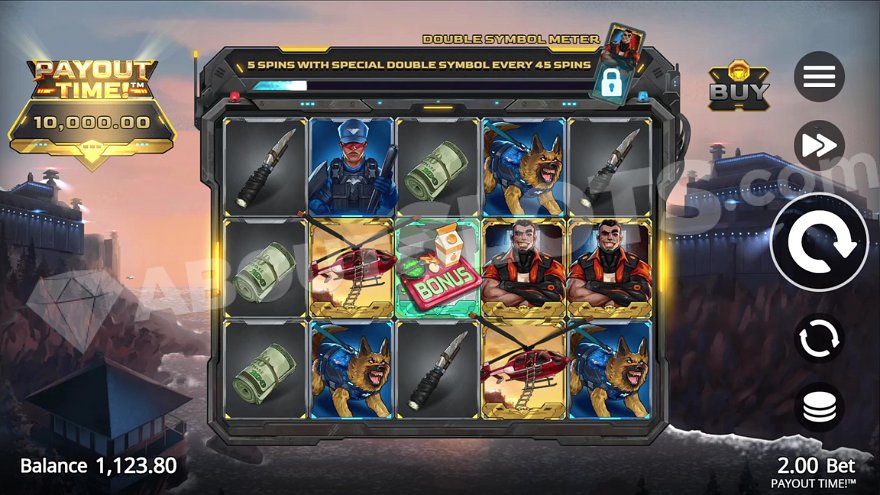 Payout Time Slot game interface featuring a prison island backdrop.