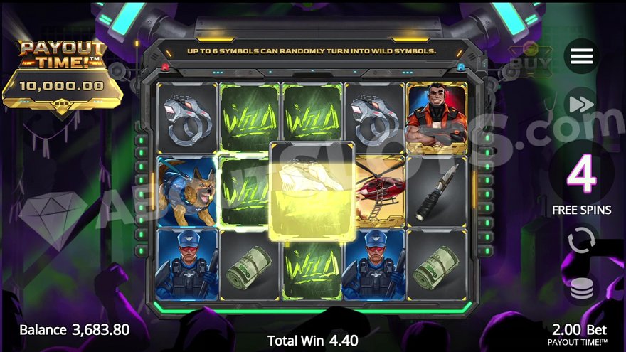 Wild symbols appearing on reels 2 and 3 during free spins mode in Payout Time Slot.