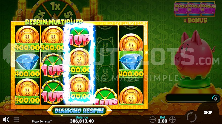 Piggy Bonanza diamond respin feature in Snowborn casino slot.