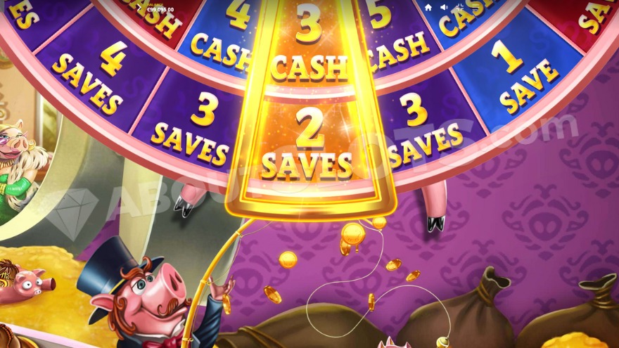 Bonus wheel awarding cash prizes and saves.