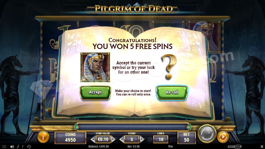 Free Spins feature introduction, where the player can accept or respin the revealed symbol.
