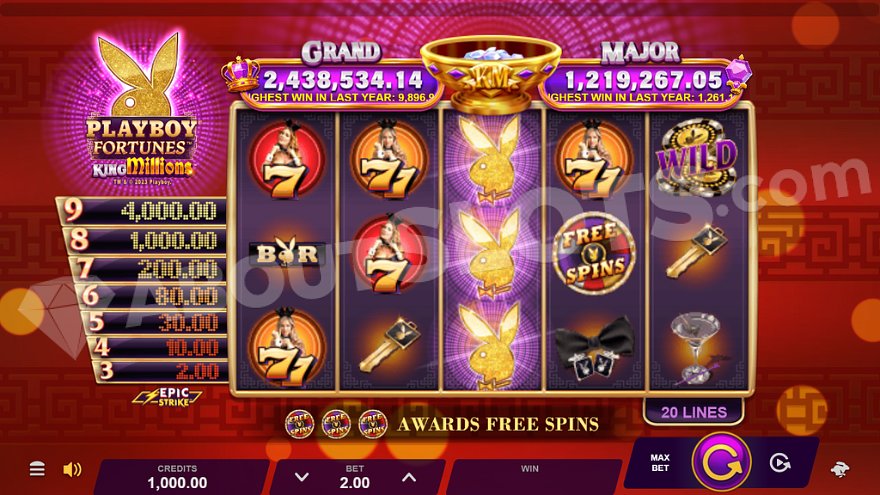 Playboy Fortunes King Millions slot game interface with 5 reels.