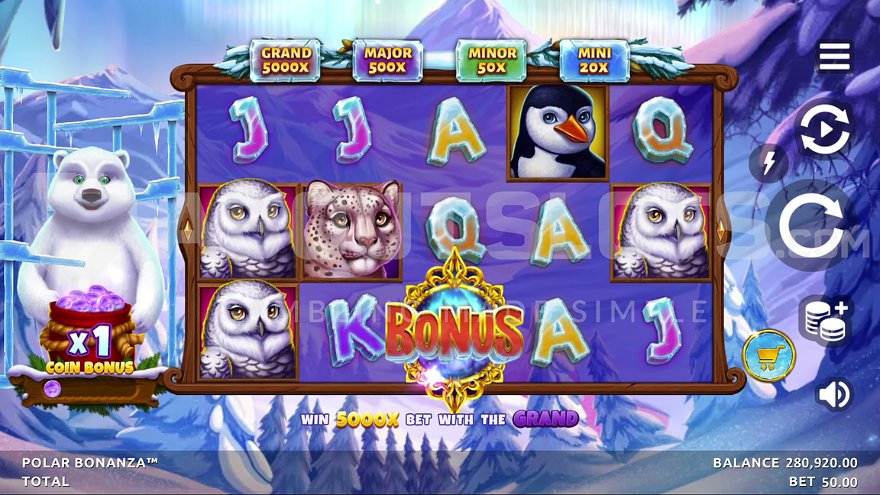 Polar Bonanza slot game base game view featuring a polar bear character.
