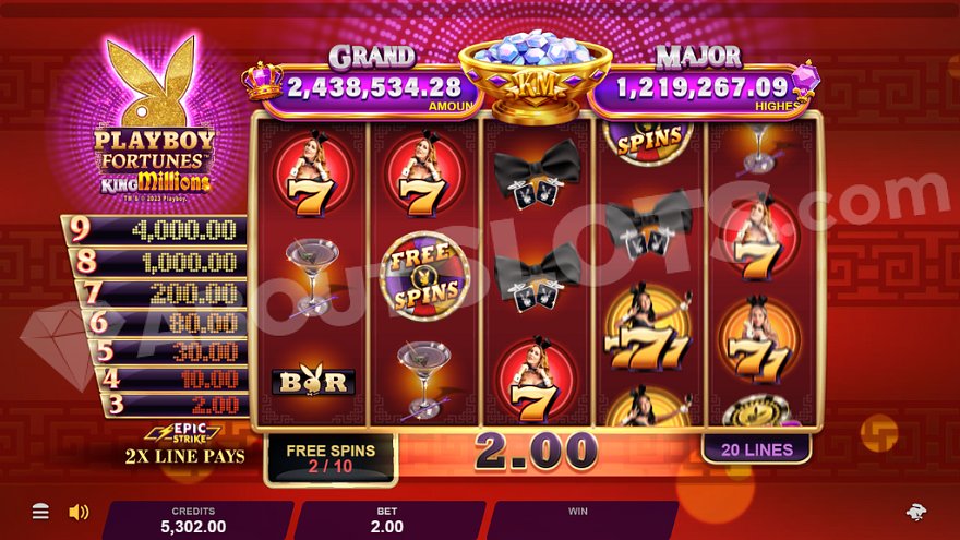 Free Spins round showing a 2X win on the second of ten free spins.