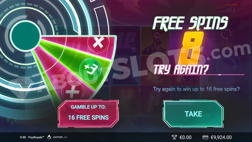 Gamble Wheel where you can risk 8 free spins to win up to 16 spins.